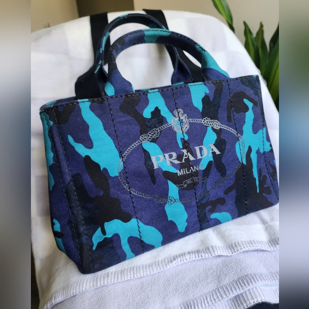 Authentic Prada Canapa Blue Camouflage Tote Bag